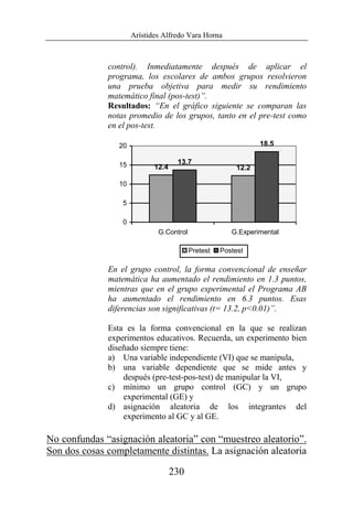 Arístides Alfredo Vara Horna
230
control). Inmediatamente después de aplicar el
programa, los escolares de ambos grupos resolvieron
una prueba objetiva para medir su rendimiento
matemático final (pos-test)”.
Resultados: “En el gráfico siguiente se comparan las
notas promedio de los grupos, tanto en el pre-test como
en el pos-test.
12.4 12.2
13.7
18.5
0
5
10
15
20
G.Control G.Experimental
Pretest Postest
En el grupo control, la forma convencional de enseñar
matemática ha aumentado el rendimiento en 1.3 puntos,
mientras que en el grupo experimental el Programa AB
ha aumentado el rendimiento en 6.3 puntos. Esas
diferencias son significativas (t= 13.2, p<0.01)”.
Esta es la forma convencional en la que se realizan
experimentos educativos. Recuerda, un experimento bien
diseñado siempre tiene:
a) Una variable independiente (VI) que se manipula,
b) una variable dependiente que se mide antes y
después (pre-test-pos-test) de manipular la VI,
c) mínimo un grupo control (GC) y un grupo
experimental (GE) y
d) asignación aleatoria de los integrantes del
experimento al GC y al GE.
No confundas “asignación aleatoria” con “muestreo aleatorio”.
Son dos cosas completamente distintas. La asignación aleatoria
 
