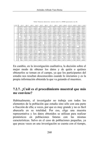 Arístides Alfredo Vara Horna
260
En cambio, en la investigación cualitativa, la decisión sobre el
mejor modo de obtener los datos y de quién o quiénes
obtenerlos se toman en el campo, ya que los participantes del
estudio nos resultan desconocidos cuando lo iniciamos y es la
propia información obtenida la que va guiando el muestreo.
7.2.7. ¿Cuál es el procedimiento muestral que más
me conviene?
Habitualmente, el investigador no trabaja con todos los
elementos de la población que estudia sino sólo con una parte
o fracción de ella; a veces, por que es muy grande y no es fácil
abarcarla en su totalidad. Por eso, elige una muestra
representativa y los datos obtenidos se utilizan para realizar
pronósticos en poblaciones futuras con las mismas
características. Salvo en el caso de poblaciones pequeñas, ya
que pocas veces en una investigación se cuenta con el tiempo,
 