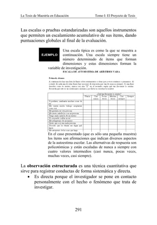 La Tesis de Maestría en Educación Tomo I: El Proyecto de Tesis
291
Las escalas o pruebas estandarizadas son aquellos instrumentos
que permiten un escalamiento acumulativo de sus ítems, dando
puntuaciones globales al final de la evaluación.
Una escala típica es como la que se muestra a
continuación. Una escala siempre tiene un
número determinado de ítems que forman
dimensiones y estas dimensiones forman la
variable de investigación.
En el caso presentado (que es sólo una pequeña muestra)
los ítems son afirmaciones que indican diversos aspectos
de la autoestima escolar. Las alternativas de respuesta son
policotómicas y están escaladas de nunca a siempre con
cuatro valores intermedios (casi nunca, pocas veces,
muchas veces, casi siempre).
La observación estructurada es una técnica cuantitativa que
sirve para registrar conductas de forma sistemática y directa.
• Es directa porque el investigador se pone en contacto
personalmente con el hecho o fenómeno que trata de
investigar.
 