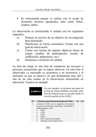 Arístides Alfredo Vara Horna
292
• Es estructurada porque se realiza con la ayuda de
elementos técnicos apropiados, tales como fichas,
cuadros, tablas.
La observación es estructurada si cumple con los siguientes
requisitos:
a) Ponerse al servicio de un objetivo de investigación
bien formulado.
b) Planificarse en forma sistemática. Contar con una
guía de observación.
c) Contar con formas de registro objetivas (listas de
cotejo, cartillas de participación, escalas de
calificación, grabaciones, etc.)
d) Someterse a controles de calidad.
La lista de cotejo es una lista de conductas, de acciones o
procesos secuenciales que se espera observar. En esta lista el
observador va marcando su ocurrencia o no ocurrencia y el
momento en que se observó. Es una herramienta muy útil y
una de las más usadas en la observación estructurada en
educación. Veamos un ejemplo.
En este ejemplo, se presenta una parte de
la lista de cotejo (también conocido como
lista de chequeo) que se usó para medir el
nivel de gestión de las UGEL.
Nº Lista de cotejo del nivel de gestión de UGEL Sí No
1 ¿Cuenta la UGEL con los siguientes documentos
de gestión formalmente aprobados, actualizados e
implementados, como:
a. ROF?
b. CAP?
c. PAP?
d. MOF?
e. POI o Plan de actividades?
f. Manuales de procedimientos?
 