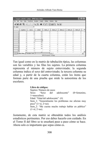 Arístides Alfredo Vara Horna
300
Tan igual como en la matriz de tabulación típica, las columnas
son las variables y las filas los sujetos. La primera columna
representa el número de sujeto entrevistado; la segunda
columna indica el sexo del entrevistado; la tercera columna su
edad y, a partir de la cuarta columna, están los ítems que
forman parte de una prueba que mide la autoestima de los
escolares.
Libro de códigos:
Sujetos: Número de casos
Sexo: “Sexo del adolescente” (0=femenino,
1=masculino).
Edad: “Edad del adolescente” (#)
Item_1: “Generalmente los problemas me afectan muy
poco” (1=sí, 2=no).
Item_2: “Me cuesta mucho trabajo hablar en público”
(1=sí, 2=no).
Justamente, de esta matriz se obtendrán todos los análisis
estadísticos pertinentes. Por eso debes hacerlo con cuidado. En
el Tomo II del libro se te enseñará paso a paso cómo se hace.
Ahora solo es importante que sepas cómo es.
 