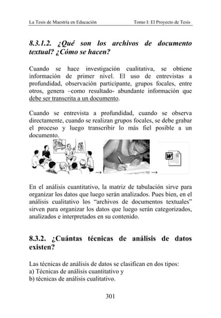 La Tesis de Maestría en Educación Tomo I: El Proyecto de Tesis
301
8.3.1.2. ¿Qué son los archivos de documento
textual? ¿Cómo se hacen?
Cuando se hace investigación cualitativa, se obtiene
información de primer nivel. El uso de entrevistas a
profundidad, observación participante, grupos focales, entre
otros, genera –como resultado- abundante información que
debe ser transcrita a un documento.
Cuando se entrevista a profundidad, cuando se observa
directamente, cuando se realizan grupos focales, se debe grabar
el proceso y luego transcribir lo más fiel posible a un
documento.
→ →
En el análisis cuantitativo, la matriz de tabulación sirve para
organizar los datos que luego serán analizados. Pues bien, en el
análisis cualitativo los “archivos de documentos textuales”
sirven para organizar los datos que luego serán categorizados,
analizados e interpretados en su contenido.
8.3.2. ¿Cuántas técnicas de análisis de datos
existen?
Las técnicas de análisis de datos se clasifican en dos tipos:
a) Técnicas de análisis cuantitativo y
b) técnicas de análisis cualitativo.
 