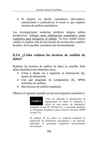Arístides Alfredo Vara Horna
306
• Si elegiste un diseño cuantitativo (descriptivo,
correlacional o explicativo), lo usual es que emplees
técnicas de análisis cuantitativo.
Las investigaciones modernas prefieren integrar ambas
perspectivas. Utilizan tanto información cuantitativa como
cualitativa para enriquecer el trabajo. Tu tesis tendrá mayor
validez si empleas más de una técnica de recolección y análisis
de datos. En lo posible, considera esta recomendación.
8.3.4. ¿Cómo redacto las técnicas de análisis de
datos?
Redactar las técnicas de análisis de datos es sencillo. Solo
debes identificar tres elementos clave:
• Cómo y dónde vas a organizar la información (Ej.
matriz de tabulación).
• Con qué programa de computadora (Ej. SPSS)
realizarás los análisis.
• Qué técnicas de análisis emplearás.
Observa el siguiente ejemplo en una investigación cuantitativa:
“Una vez obtenida la información, la
organización de datos se realizará a
través de una matriz de tabulación,
instalada en una PC Pentium IV, y construida mediante
el Programa Estadístico para Ciencias Sociales (SPSS
versión 11).
El análisis de los datos se realizará mediante la
utilización de estadísticas descriptivas y de relación,
utilizando el programa estadístico anteriormente
mencionado.
 