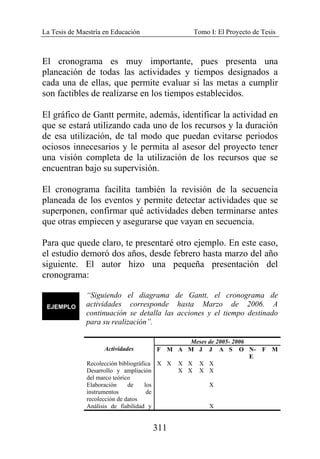 La Tesis de Maestría en Educación Tomo I: El Proyecto de Tesis
311
El cronograma es muy importante, pues presenta una
planeación de todas las actividades y tiempos designados a
cada una de ellas, que permite evaluar si las metas a cumplir
son factibles de realizarse en los tiempos establecidos.
El gráfico de Gantt permite, además, identificar la actividad en
que se estará utilizando cada uno de los recursos y la duración
de esa utilización, de tal modo que puedan evitarse periodos
ociosos innecesarios y le permita al asesor del proyecto tener
una visión completa de la utilización de los recursos que se
encuentran bajo su supervisión.
El cronograma facilita también la revisión de la secuencia
planeada de los eventos y permite detectar actividades que se
superponen, confirmar qué actividades deben terminarse antes
que otras empiecen y asegurarse que vayan en secuencia.
Para que quede claro, te presentaré otro ejemplo. En este caso,
el estudio demoró dos años, desde febrero hasta marzo del año
siguiente. El autor hizo una pequeña presentación del
cronograma:
“Siguiendo el diagrama de Gantt, el cronograma de
actividades corresponde hasta Marzo de 2006. A
continuación se detalla las acciones y el tiempo destinado
para su realización”.
Actividades
Meses de 2005- 2006
F M A M J J A S O N-
E
F M
Recolección bibliográfica X X X X X X
Desarrollo y ampliación
del marco teórico
X X X X
Elaboración de los
instrumentos de
recolección de datos
X
Análisis de fiabilidad y X
 