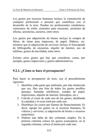 La Tesis de Maestría en Educación Tomo I: El Proyecto de Tesis
313
Los gastos por recursos humanos incluye la contratación de
cualquier profesional o persona que contribuya con el
desarrollo de la tesis. Pueden ser profesionales estadísticos,
correctores de estilo, asistentes para encuestar, asistentes de
oficina, secretarias, asesores, entre otros.
Los gastos por adquisición de bienes incluye la compra de
libros, de tintas para impresora, de papel, fólderes, etc.
mientras que la adquisición de servicios incluye el fotocopiado
de bibliografía, de encuestas, alquiler de internet, uso de
teléfono, gastos de movilidad, entre otros.
Existen otros gastos que hay que considerar, como, por
ejemplo, gastos imprevistos y gastos administrativos.
9.2.1. ¿Cómo se hace el presupuesto?
Para hacer tu presupuesto de tesis, usa el procedimiento
siguiente:
1. Identifica cada gasto que realizarás, por más minúsculo
que sea. Haz una lista de todos los gastos posibles
(pasajes, llamadas telefónicas, compra de papel,
impresiones, alquiler de internet, fotocopias, etc.).
2. Calcula el costo de cada uno de los gastos, detallando
la cantidad y el costo total por cada uno.
3. Distribuye los costos por fuentes de financiamiento. Es
decir, agrupa los gastos en a) recursos humanos, b)
viáticos y servicios, c) adquisición de bienes o recursos
materiales).
4. Elabora una tabla de dos columnas simples. En la
primera columna coloca los gastos (conceptos), en la
segunda columna, coloca el monto por cada uno.
 