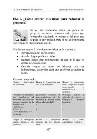 La Tesis de Maestría en Educación Tomo I: El Proyecto de Tesis
317
10.1.1. ¿Cómo ordeno mis ideas para redactar el
proyecto?
Si ya haz elaborado todas las partes del
proyecto de tesis, entonces sólo tienes que
integrarlas siguiendo el esquema del plan que
te pide tu universidad. Pero si no, es importante
que empieces ordenando tus ideas.
Una forma muy útil de ordenar tus ideas es la siguiente:
• Agrupa tus ideas por bloques.
• A cada bloque ponle un título.
• Redacta luego unas indicaciones de qué es lo que va
dentro de cada bloque.
• Cuando tengas ya todos los bloques con sus
indicaciones, desarrolla cada uno en forma de guión de
ideas.
Veamos un ejemplo:
Bloque 1: Descripción
del problema.
Bloque 2: Argumentar por
qué es un problema.
Bloque 3: Argumentar
cómo mejoraría nuestro
conocimiento si
encontráramos la
respuesta.
(Presentar los elementos
que configuran el
problema, utilizando los
términos propios de la
bibliografía.)
-Definición.
-Contexto.
-Nivel de análisis, si es
pertinente.
-
(Comenzar señalando el
desconocimiento de la
respuesta y mostrar cómo
afecta a la sociedad.)
-
-
-
-
(Ventajas teóricas y
aplicadas de conocer la
respuesta.) Posibles
beneficios
-
-
-
-
Bloque 4: Principales
intentos históricos por
resolverlo.
Bloque 5: Principales
intentos de los últimos
años.
Bloque 6: Cómo
pretendemos resolverlo
 
