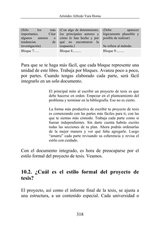 Arístides Alfredo Vara Horna
318
(Sólo los más
importantes. Citar
algunos autores o
tendencias de
investigación)
(Con algo de detenimiento,
los principales autores y
cómo lo han hecho y por
qué no encontraron la
respuesta.)
(Debe aparecer
lógicamente plausible y
posible de realizar)
Se refiere al método.
Bloque 7:…. Bloque 8:......... Bloque 9:.........
Para que se te haga más fácil, que cada bloque represente una
unidad de este libro. Trabaja por bloques. Avanza poco a poco,
por partes. Cuando tengas elaborado cada parte, será fácil
integrarlo en un solo documento.
El principal mito al escribir un proyecto de tesis es que
debe hacerse en orden. Empezar en el planteamiento del
problema y terminar en la bibliografía. Eso no es cierto.
La forma más productiva de escribir tu proyecto de tesis
es comenzando con las partes más fáciles para ti, con las
que te sientas más cómodo. Trabaja cada parte como si
fueran independientes. Sin darte cuenta habrás escrito
todas las secciones de tu plan. Ahora podrás ordenarlas
de la mejor manera y ver qué falta agregarle. Luego
“amarra” cada parte revisando su coherencia y revisa el
estilo con cuidado.
Con el documento integrado, es hora de preocuparse por el
estilo formal del proyecto de tesis. Veamos.
10.2. ¿Cuál es el estilo formal del proyecto de
tesis?
El proyecto, así como el informe final de la tesis, se ajusta a
una estructura, a un contenido especial. Cada universidad o
 