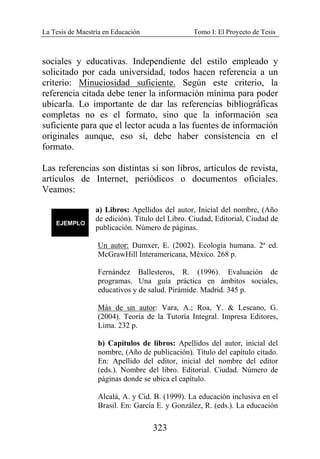 La Tesis de Maestría en Educación Tomo I: El Proyecto de Tesis
323
sociales y educativas. Independiente del estilo empleado y
solicitado por cada universidad, todos hacen referencia a un
criterio: Minuciosidad suficiente. Según este criterio, la
referencia citada debe tener la información mínima para poder
ubicarla. Lo importante de dar las referencias bibliográficas
completas no es el formato, sino que la información sea
suficiente para que el lector acuda a las fuentes de información
originales aunque, eso sí, debe haber consistencia en el
formato.
Las referencias son distintas si son libros, artículos de revista,
artículos de Internet, periódicos o documentos oficiales.
Veamos:
a) Libros: Apellidos del autor, Inicial del nombre, (Año
de edición). Título del Libro. Ciudad, Editorial, Ciudad de
publicación. Número de páginas.
Un autor: Dumxer, E. (2002). Ecología humana. 2ª ed.
McGrawHill Interamericana, México. 268 p.
Fernández Ballesteros, R. (1996). Evaluación de
programas. Una guía práctica en ámbitos sociales,
educativos y de salud. Pirámide. Madrid. 345 p.
Más de un autor: Vara, A.; Roa, Y. & Lescano, G.
(2004). Teoría de la Tutoría Integral. Impresa Editores,
Lima. 232 p.
b) Capítulos de libros: Apellidos del autor, inicial del
nombre, (Año de publicación). Título del capítulo citado.
En: Apellido del editor, inicial del nombre del editor
(eds.). Nombre del libro. Editorial. Ciudad. Número de
páginas donde se ubica el capítulo.
Alcalá, A. y Cid. B. (1999). La educación inclusiva en el
Brasil. En: García E. y González, R. (eds.). La educación
 