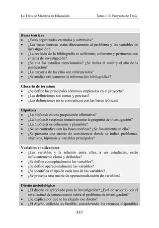 La Tesis de Maestría en Educación Tomo I: El Proyecto de Tesis
337
Bases teóricas
• ¿Estas organizadas en títulos y subtítulos?
• ¿Las bases teóricas están directamente al problema y las variables de
investigación?
• ¿La revisión de la bibliografía es suficiente, coherente y pertinente con
el tema de investigación?
• ¿Se cita los estudios mencionados? ¿Se indica el autor y el año de la
publicación?
• ¿La mayoría de las citas son referenciales?
• ¿Se analiza críticamente la información bibliográfica?
Glosario de términos
• ¿Se define los principales términos empleados en el proyecto?
• ¿Las definiciones son cortas y precisas?
• ¿Las definiciones no se contradicen con las bases teóricas?
Hipótesis
• ¿La hipótesis es una proposición afirmativa?
• ¿La hipótesis responde tentativamente la pregunta de investigación?
• ¿La hipótesis es coherente y plausible?
• ¿No se contradice con las bases teóricas? ¿Se fundamenta en ella?
• ¿Se presenta una matriz de consistencia donde se indica problemas,
objetivos, hipótesis y variables principales?
Variables e indicadores
• ¿Las variables y la relación entre ellas, a ser estudiadas, están
suficientemente claras y definidas?
• ¿Se define conceptualmente las variables?
• ¿Se define operacionalmente las variables?
• ¿Se identifica el tipo de cada una de las variables?
• ¿Se presenta una matriz de operacionalización de variables?
Diseño metodológico
• ¿El diseño es apropiado para la investigación? ¿Está de acuerdo con el
nivel actual de conocimiento sobre el problema de investigación?
• ¿Se explica por qué se ha elegido ese diseño?
• ¿El diseño utilizado es factible, considerando los recursos disponibles
 
