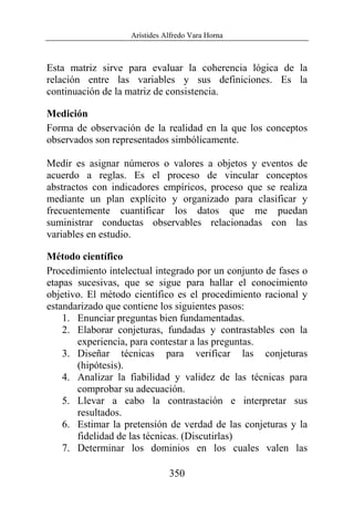 Arístides Alfredo Vara Horna
350
Esta matriz sirve para evaluar la coherencia lógica de la
relación entre las variables y sus definiciones. Es la
continuación de la matriz de consistencia.
Medición
Forma de observación de la realidad en la que los conceptos
observados son representados simbólicamente.
Medir es asignar números o valores a objetos y eventos de
acuerdo a reglas. Es el proceso de vincular conceptos
abstractos con indicadores empíricos, proceso que se realiza
mediante un plan explícito y organizado para clasificar y
frecuentemente cuantificar los datos que me puedan
suministrar conductas observables relacionadas con las
variables en estudio.
Método científico
Procedimiento intelectual integrado por un conjunto de fases o
etapas sucesivas, que se sigue para hallar el conocimiento
objetivo. El método científico es el procedimiento racional y
estandarizado que contiene los siguientes pasos:
1. Enunciar preguntas bien fundamentadas.
2. Elaborar conjeturas, fundadas y contrastables con la
experiencia, para contestar a las preguntas.
3. Diseñar técnicas para verificar las conjeturas
(hipótesis).
4. Analizar la fiabilidad y validez de las técnicas para
comprobar su adecuación.
5. Llevar a cabo la contrastación e interpretar sus
resultados.
6. Estimar la pretensión de verdad de las conjeturas y la
fidelidad de las técnicas. (Discutirlas)
7. Determinar los dominios en los cuales valen las
 