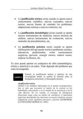 Arístides Alfredo Vara Horna
96
• La justificación teórica existe cuando se aporta nuevo
conocimiento científico, nuevos conceptos, nuevas
teorías, nuevas formas de entender los problemas,
adaptaciones teóricas a nuevos contextos, etc.
• La justificación metodológica existe cuando se aporta
nuevos instrumentos de medición, nuevas técnicas de
análisis, nuevas herramientas de evaluación, nuevos
manuales de procedimientos, etc.
• La justificación práctica existe cuando se aporta
información útil que puede resolver problemas sociales,
educativos, profesionales, evitar consecuencias
negativas, prevenir, corregir errores, reducir costos,
mejorar la eficacia, etc.
Tu tesis puede aportar en cualquiera de ellos (metodológica,
teórica y práctica) o en todos. Todo depende del problema que
estás investigando.
Veamos la justificación teórica y práctica de una
investigación donde se analiza la relación entre la
inteligencia emocional y el desempeño docente.
Justificación teórica
Debido a las múltiples dificultades en el mundo contemporáneo,
hoy es más que necesario el interés de la ciencia en las
habilidades emocionales y en el estudio de la conciencia y de la
vida afectiva. En ese sentido, el concepto de Inteligencia
Emocional surge como un intento de considerar el importante
papel que desempeñan las emociones en nuestro intelecto, nuestra
adaptación social, equilibrio personal y colectivo (EXTREMERA
& FERNÁNDEZ-BERROCAL, 2001).
 
