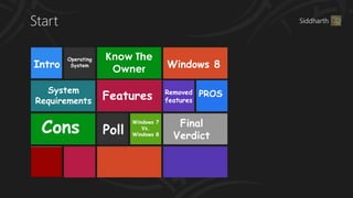 Operating   Know The
Intro    System
                     Owner             Windows 8

  System
Requirements        Features           Removed
                                       features
                                                  PROS



 Cons                                     Final
                           Windows 7

                    Poll      Vs.
                           Windows 8
                                         Verdict
 
