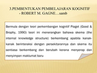 Bermula dengan teori perkembangan kognitif Piaget (Good &
Brophy, 1990) teori ini menerangkan bahawa skema (the
internal knowledge structure) berkembang apabila kanak-
kanak berinteraksi dengan persekitarannya dan skema itu
sentiasa berkembang dan berubah kerana menyerap dan
menyimpan maklumat baru
3.PEMBENTUKAN PEMBELAJARAN KOGNITIF
- ROBERT M. GAGNE…samb
 