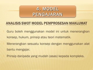  Guru boleh menggunakan model ini untuk menerangkan
konsep, hukum, prinsip atau teori matematik.
 Menerangkan sesuatu konsep dengan menggunakan alat
bantu mengajar.
 Prinsip daripada yang mudah (asas) kepada kompleks.
4. MODEL4. MODEL
PENGAJARANPENGAJARAN
 