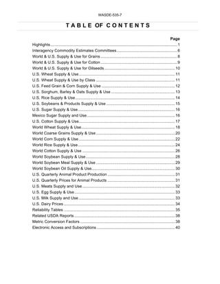 WASDE-535-7 
T A B L E OF C O N T E N T S 
Page 
Highlights ............................................................................................................... 1 
Interagency Commodity Estimates Committees ..................................................... 6 
World & U.S. Supply & Use for Grains ................................................................... 8 
World & U.S. Supply & Use for Cotton ................................................................... 9 
World & U.S. Supply & Use for Oilseeds .............................................................. 10 
U.S. Wheat Supply & Use .................................................................................... 11 
U.S. Wheat Supply & Use by Class ..................................................................... 11 
U.S. Feed Grain & Corn Supply & Use ................................................................ 12 
U.S. Sorghum, Barley & Oats Supply & Use ........................................................ 13 
U.S. Rice Supply & Use ....................................................................................... 14 
U.S. Soybeans & Products Supply & Use ............................................................ 15 
U.S. Sugar Supply & Use ..................................................................................... 16 
Mexico Sugar Supply and Use ............................................................................. 16 
U.S. Cotton Supply & Use .................................................................................... 17 
World Wheat Supply & Use .................................................................................. 18 
World Coarse Grains Supply & Use ..................................................................... 20 
World Corn Supply & Use .................................................................................... 22 
World Rice Supply & Use ..................................................................................... 24 
World Cotton Supply & Use ................................................................................. 26 
World Soybean Supply & Use .............................................................................. 28 
World Soybean Meal Supply & Use ..................................................................... 29 
World Soybean Oil Supply & Use......................................................................... 30 
U.S. Quarterly Animal Product Production ........................................................... 31 
U.S. Quarterly Prices for Animal Products ........................................................... 31 
U.S. Meats Supply and Use ................................................................................. 32 
U.S. Egg Supply & Use ........................................................................................ 33 
U.S. Milk Supply and Use .................................................................................... 33 
U.S. Dairy Prices ................................................................................................. 34 
Reliability Tables ................................................................................................. 35 
Related USDA Reports ........................................................................................ 38 
Metric Conversion Factors ................................................................................... 38 
Electronic Access and Subscriptions ....................................................................... 40 
 