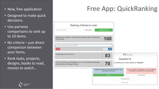 Free App: QuickRanking• New, free application
• Designed to make quick
decisions.
• Use pairwise
comparisons to rank up
to 10 items.
• No criteria – just direct
comparison between
your items.
• Rank tasks, projects,
designs, books to read,
movies to watch…
 