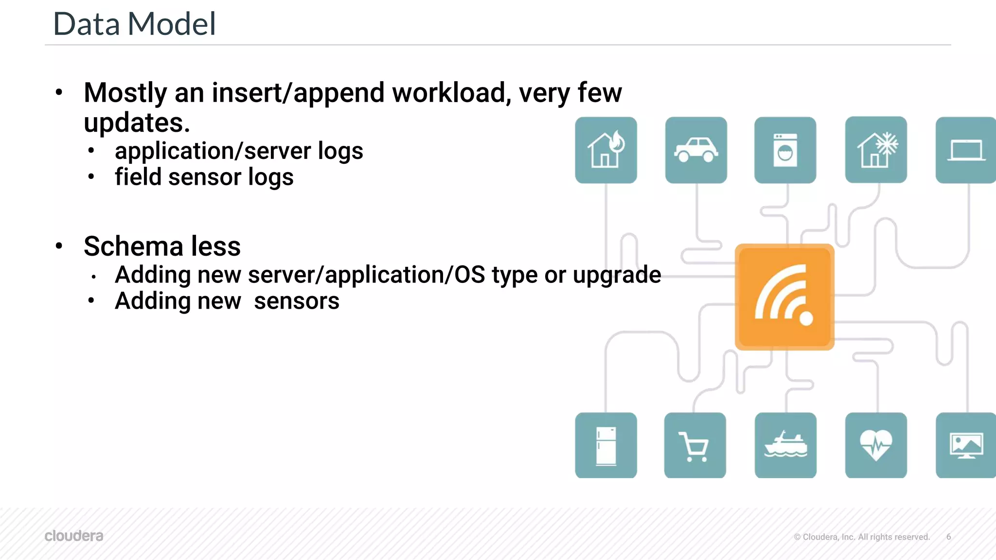 © Cloudera, Inc. All rights reserved. 6
Data Model
• Mostly an insert/append workload, very few
updates.
• application/server logs
• field sensor logs
• Schema less
• Adding new server/application/OS type or upgrade
• Adding new sensors
 