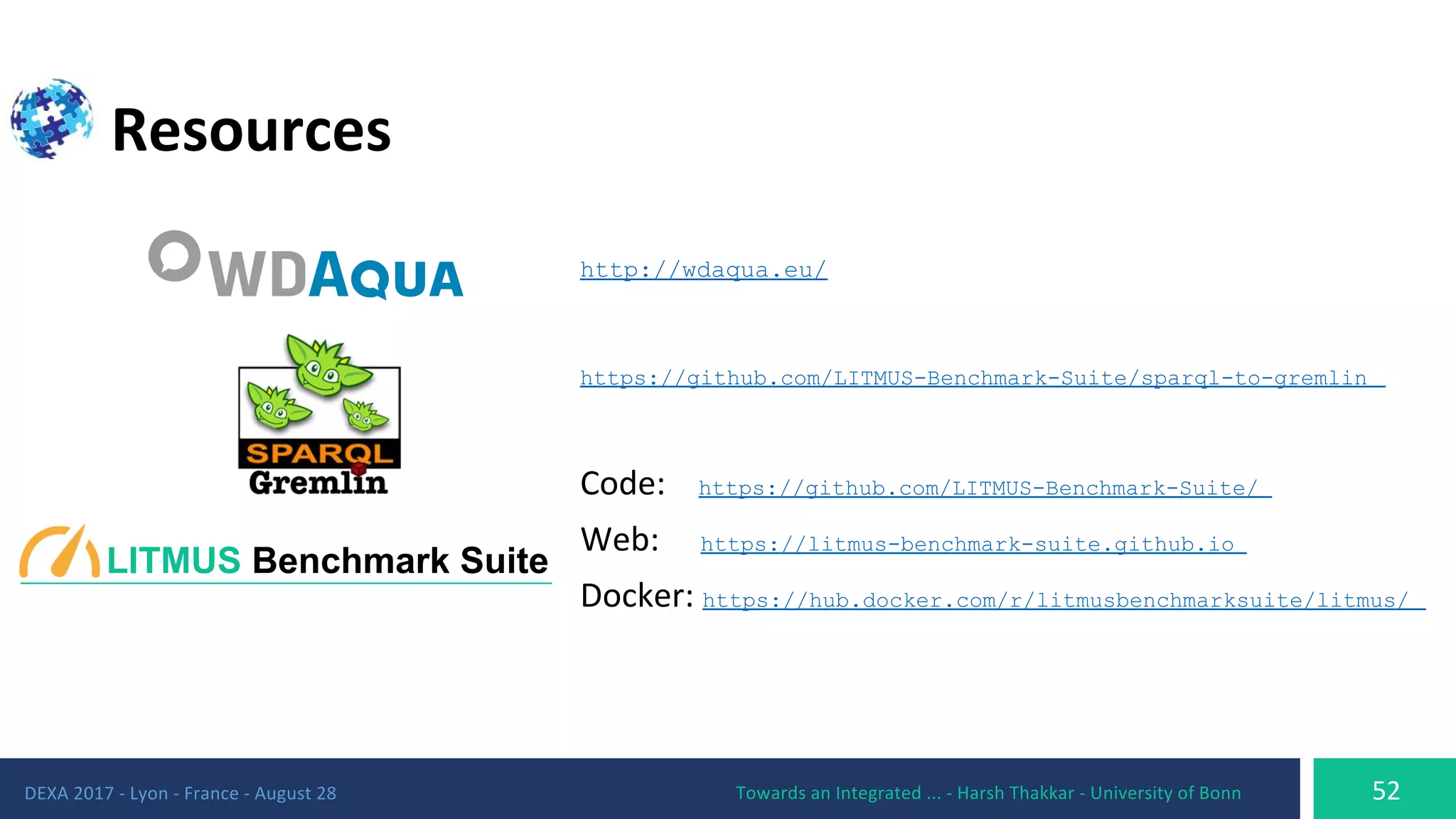 http://wdaqua.eu/
https://github.com/LITMUS-Benchmark-Suite/sparql-to-gremlin
https://github.com/LITMUS-Benchmark-Suite/
https://litmus-benchmark-suite.github.io
https://hub.docker.com/r/litmusbenchmarksuite/litmus/
LITMUS Benchmark Suite
 