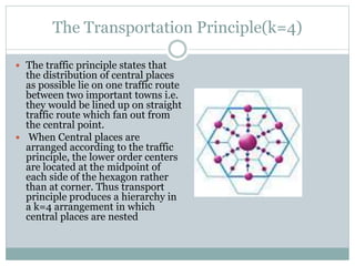 The Transportation Principle(k=4)
 The traffic principle states that
the distribution of central places
as possible lie on one traffic route
between two important towns i.e.
they would be lined up on straight
traffic route which fan out from
the central point.
 When Central places are
arranged according to the traffic
principle, the lower order centers
are located at the midpoint of
each side of the hexagon rather
than at corner. Thus transport
principle produces a hierarchy in
a k=4 arrangement in which
central places are nested
 