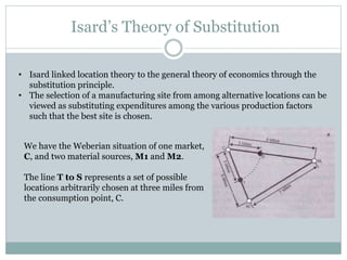 Isard’s Theory of Substitution
• Isard linked location theory to the general theory of economics through the
substitution principle.
• The selection of a manufacturing site from among alternative locations can be
viewed as substituting expenditures among the various production factors
such that the best site is chosen.
We have the Weberian situation of one market,
C, and two material sources, M1 and M2.
The line T to S represents a set of possible
locations arbitrarily chosen at three miles from
the consumption point, C.
 