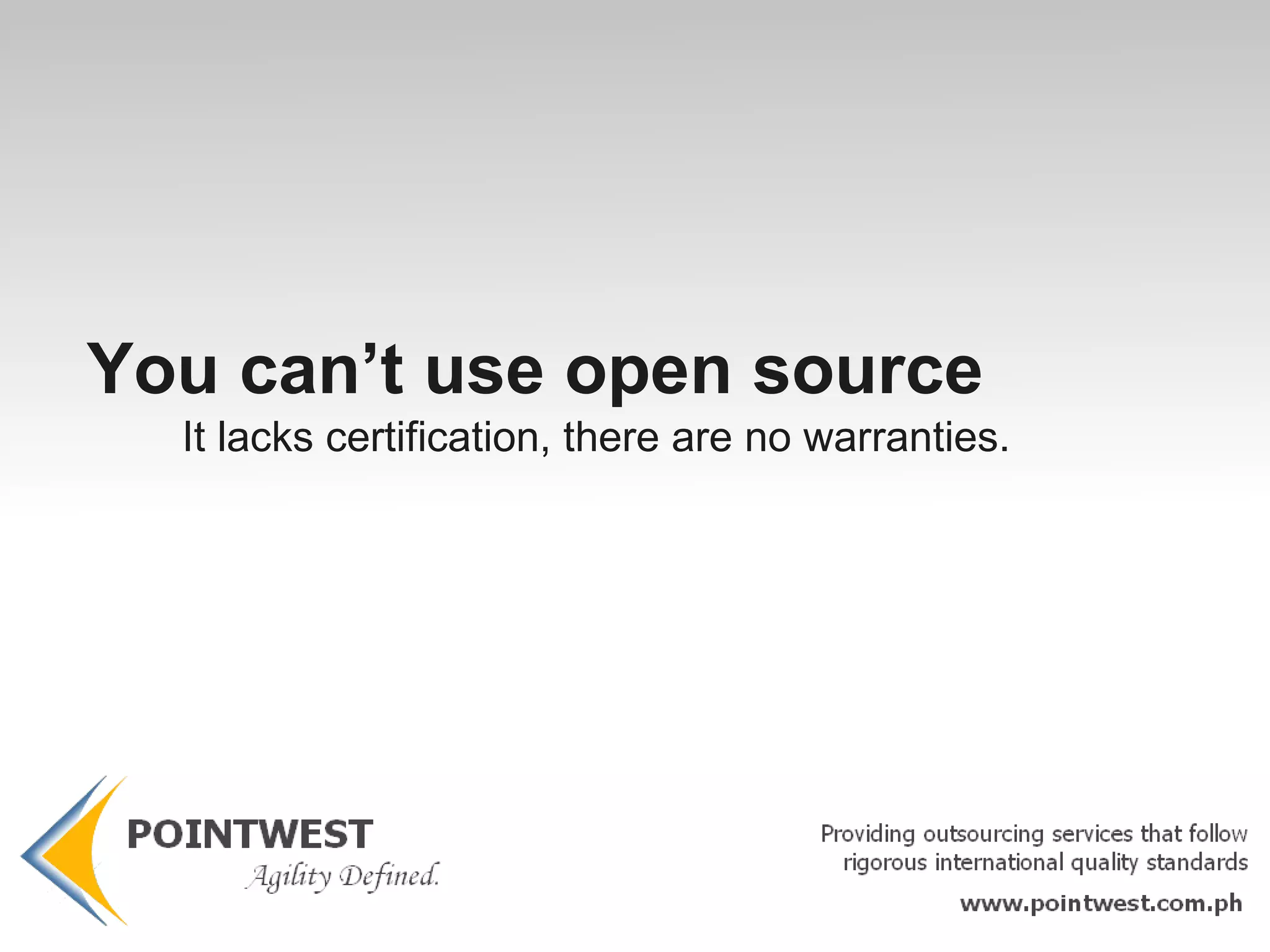 Free, Open Source  Software Promises Better Quality Software Higher Reliability Output Greater flexibility Lower Costs The end to predatory vendor lock-in.  