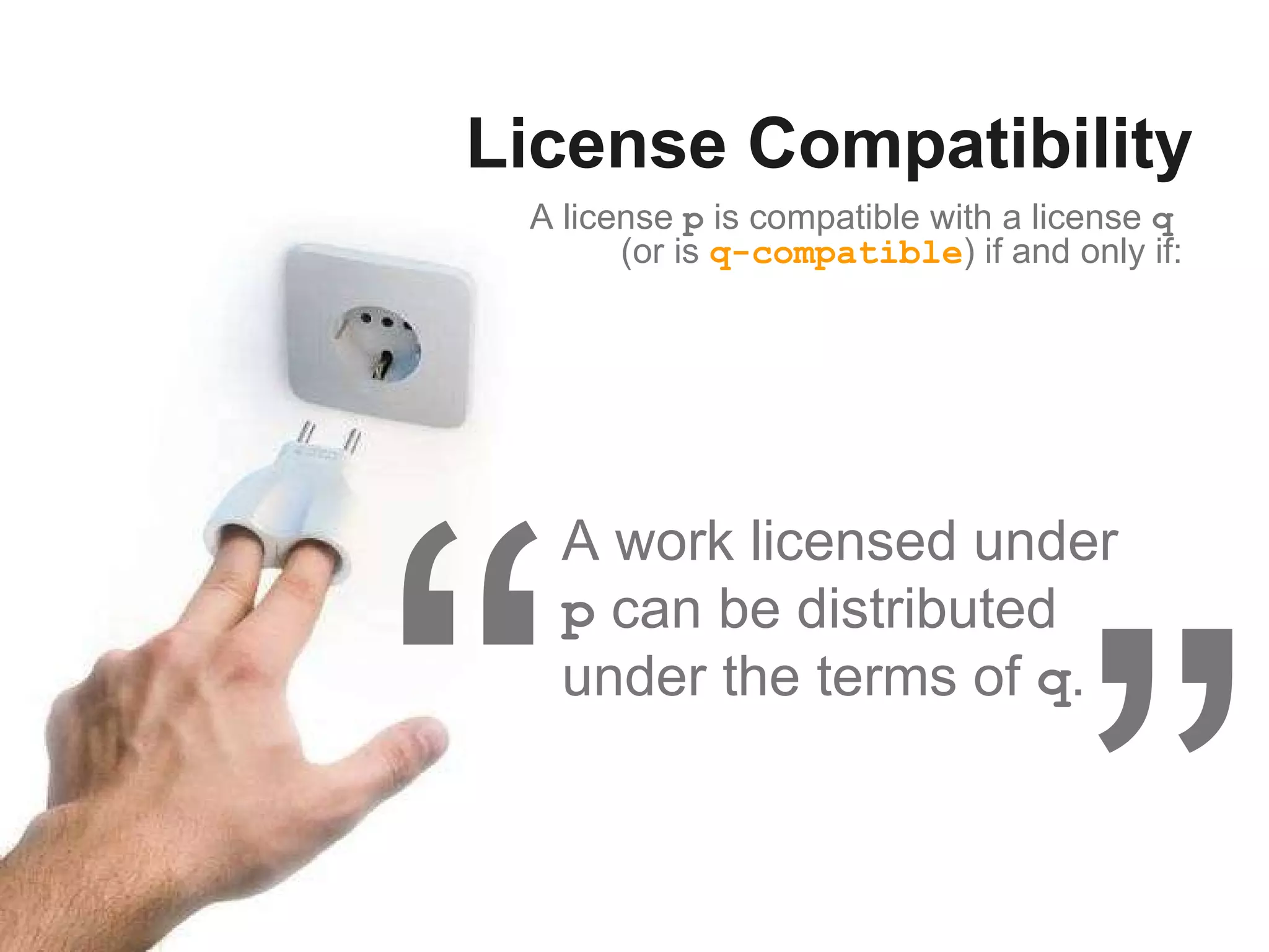 Permissive Licenses  *a.k.a “Give Me Credit” *Derivatives can re-license *Give credit to original authors You can use, modify and redistribute the code in your product  but give credit back to the original authors.   