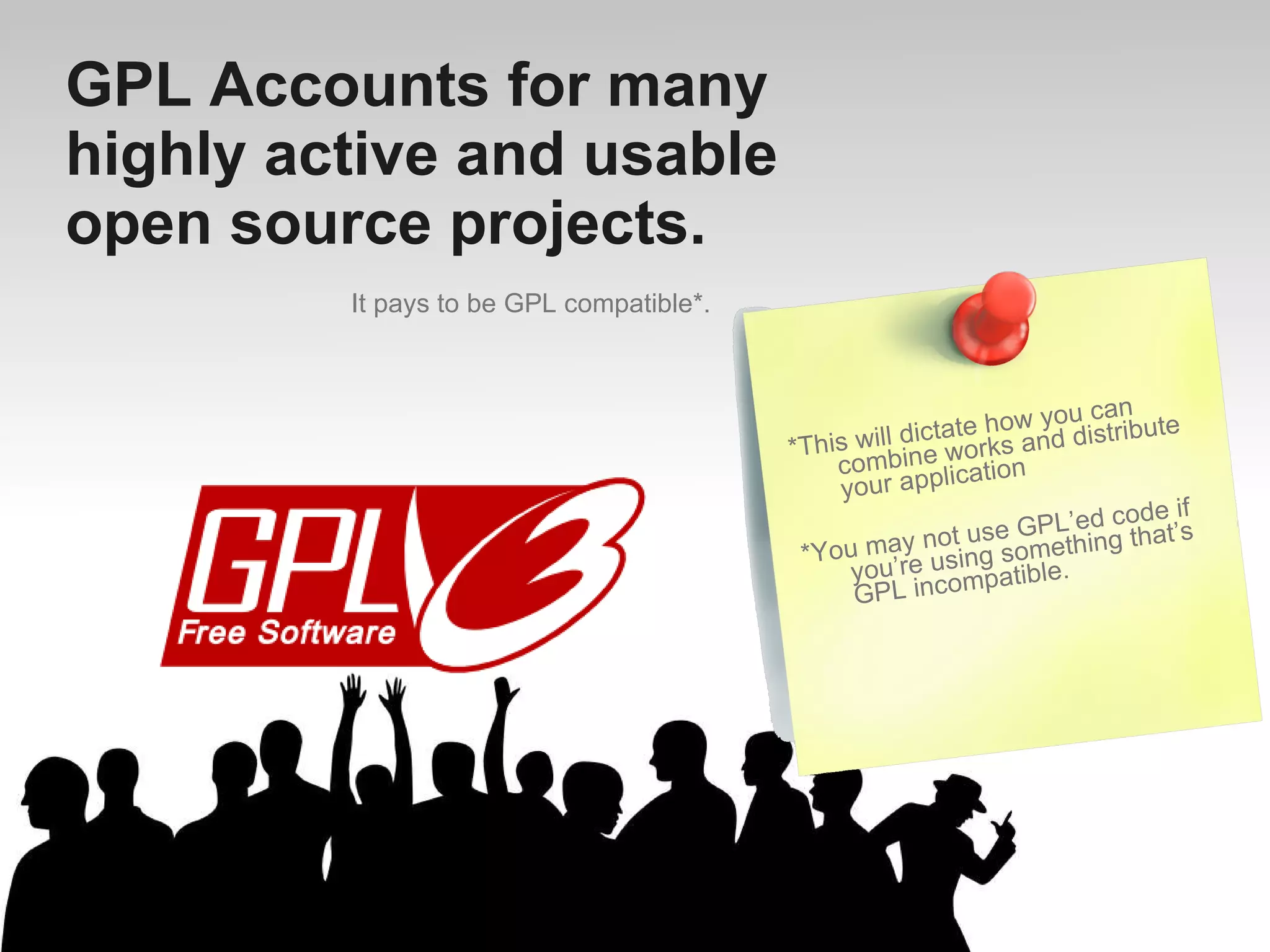 Strongly Protective Licenses  *a.k.a. “Give Me Everything” *All direct development is contributed back *Contributors assured code remains open source *Copyright holder retains much control *Limits commercial adoption Derivative works remain under original license.  