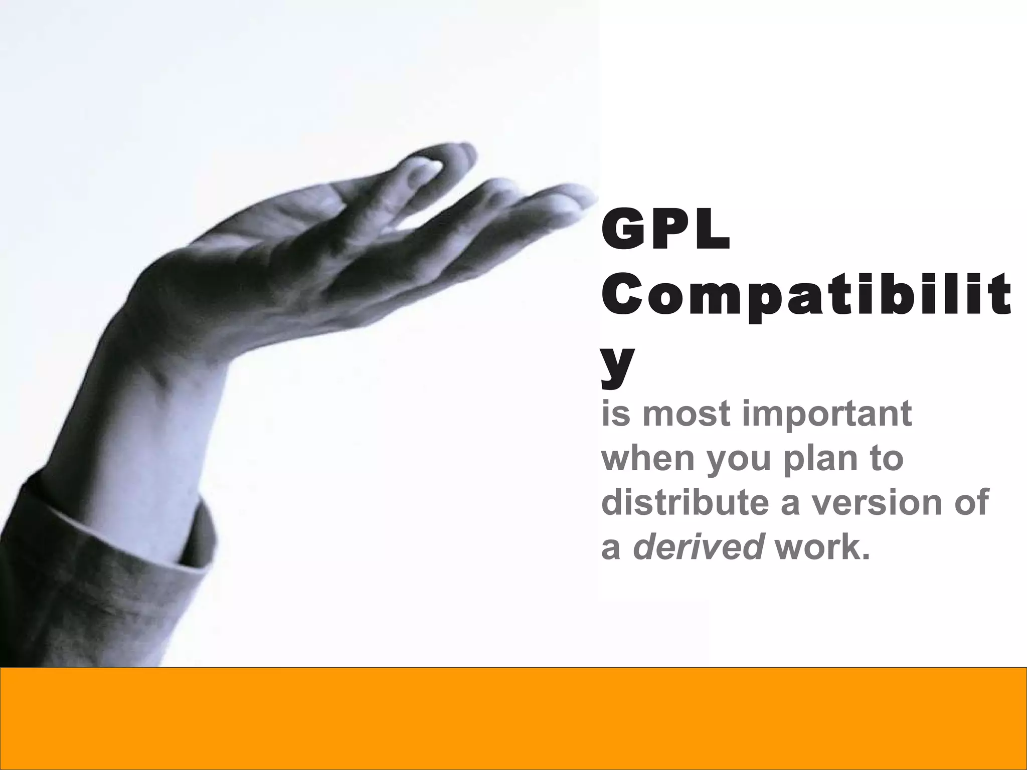 These are NOT GPL Compatible. Mozilla Public License (MPL, prior to version 1.1) Common Development and Distribution License (CDDL) Eclipse Public License (EPL) Common Public License 1.0 (CPL) Academic Free License (AFL) Open Software License (OSL) Artistic License 1.0 Creative Commons (CC) 