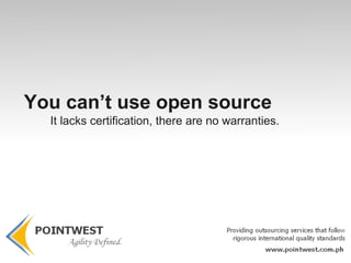 Free, Open Source  Software Promises Better Quality Software Higher Reliability Output Greater flexibility Lower Costs The end to predatory vendor lock-in.  