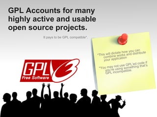 Strongly Protective Licenses  *a.k.a. “Give Me Everything” *All direct development is contributed back *Contributors assured code remains open source *Copyright holder retains much control *Limits commercial adoption Derivative works remain under original license.  