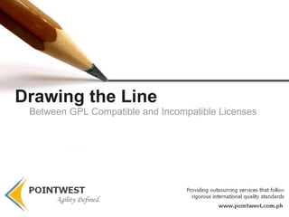 License Compatibility A license  p  is compatible with a license  q   (or is  q-compatible ) if and only if: A work licensed under  p  can be distributed under the terms of  q . “ ” 