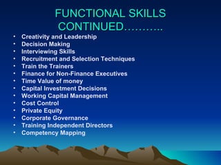 FUNCTIONAL SKILLS CONTINUED……….. Creativity and Leadership  Decision Making  Interviewing Skills Recruitment and Selection Techniques  Train the Trainers  Finance for Non-Finance Executives Time Value of money Capital Investment Decisions Working Capital Management Cost Control Private Equity Corporate Governance Training Independent Directors Competency Mapping 