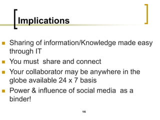 Implications
◼ Sharing of information/Knowledge made easy
through IT
◼ You must share and connect
◼ Your collaborator may be anywhere in the
globe available 24 x 7 basis
◼ Power & influence of social media as a
binder!
16
 