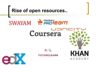 The rise of open resources and courses
Rise of open resources..
SWAYAM
 