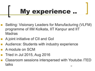 My experience ..
◼ Setting: Visionary Leaders for Manufacturing (VLFM)
programme of IIM Kolkata, IIT Kanpur and IIT
Madras
◼ A joint initiative of CII and GoI
◼ Audience: Students with industry experience
◼ A module on SCM
◼ Tried in Jul 2015, Aug 2016
◼ Classroom sessions interspersed with Youtube /TED
talks 42
 