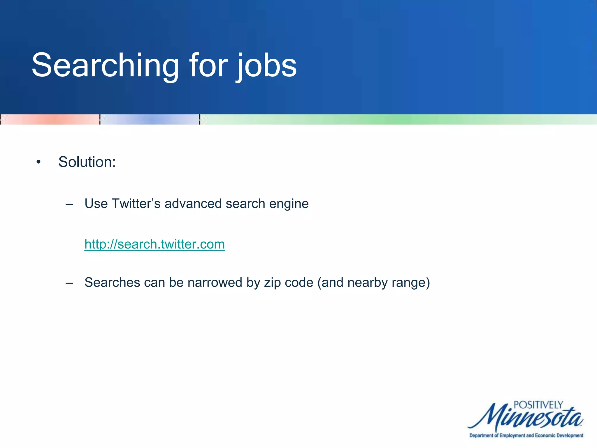 Searching for jobsSearch by field of interest:#clerical#construction#healthcare#insurance#IT#librarian#marketing#salesSee link for more: http://goo.gl/SBHqV