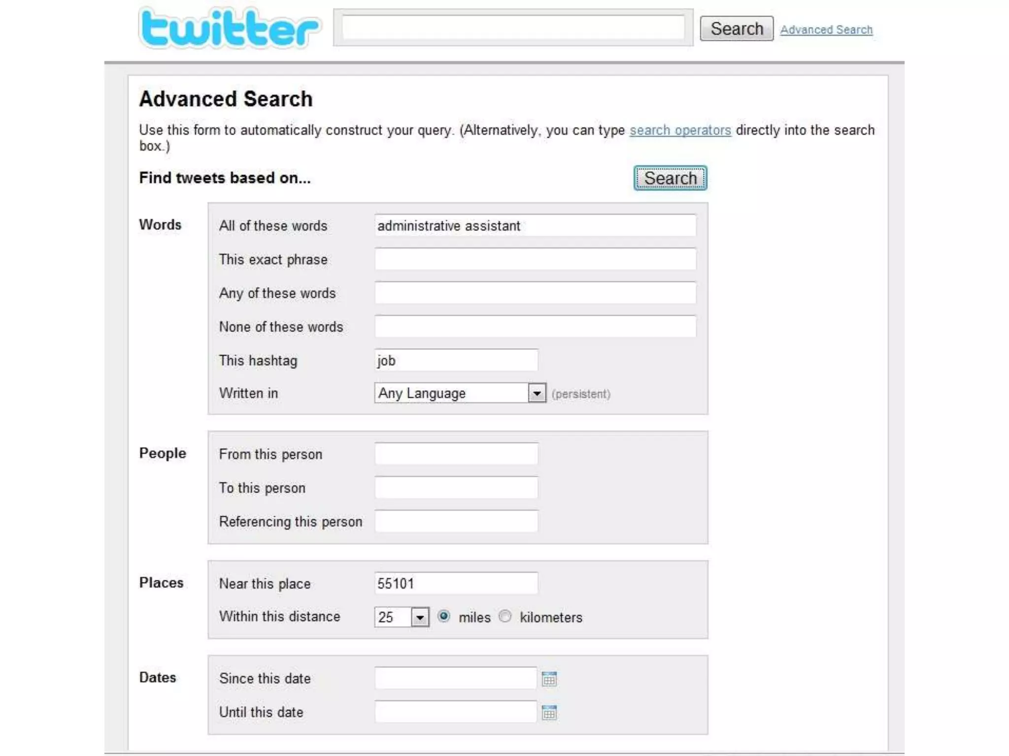 Searching for jobsSolution: Use Twitter’s advanced search enginehttp://search.twitter.comSearches can be narrowed by zip code (and nearby range)