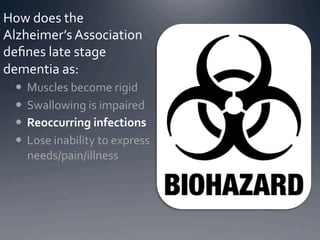 How	
  does	
  the	
  
Alzheimer’s	
  Association	
  
deﬁnes	
  late	
  stage	
  
dementia	
  as:	
  
    Muscles	
  become	
  rigid	
  
    Swallowing	
  is	
  impaired	
  
    Reoccurring	
  infections	
  
    Lose	
  inability	
  to	
  express	
  
     needs/pain/illness	
  
 