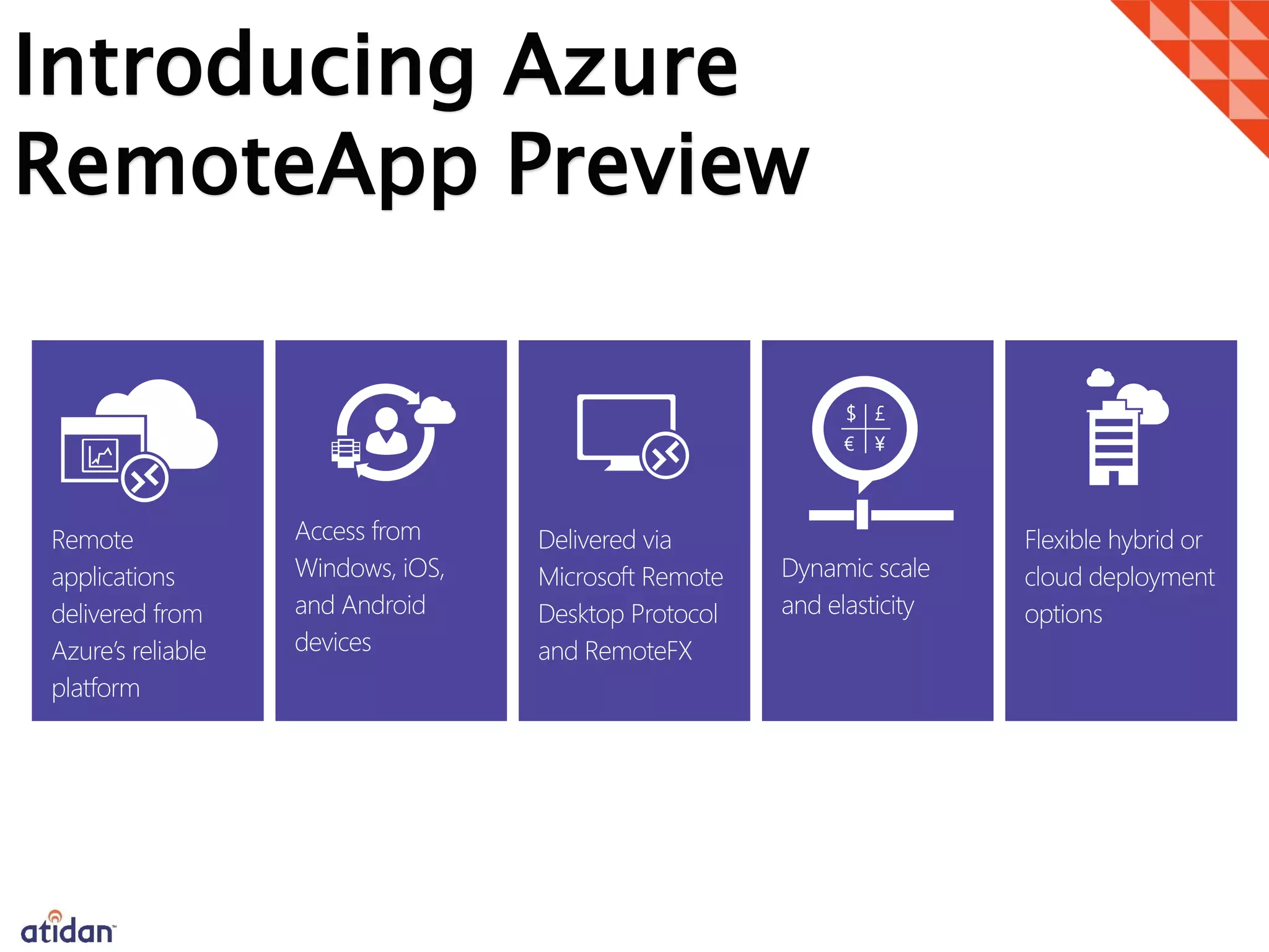 Introducing Azure
RemoteApp Preview
Remote
applications
delivered from
Azure’s reliable
platform
Access from
Windows, iOS,
and Android
devices
Delivered via
Microsoft Remote
Desktop Protocol
and RemoteFX
Dynamic scale
and elasticity
Flexible hybrid or
cloud deployment
options
 