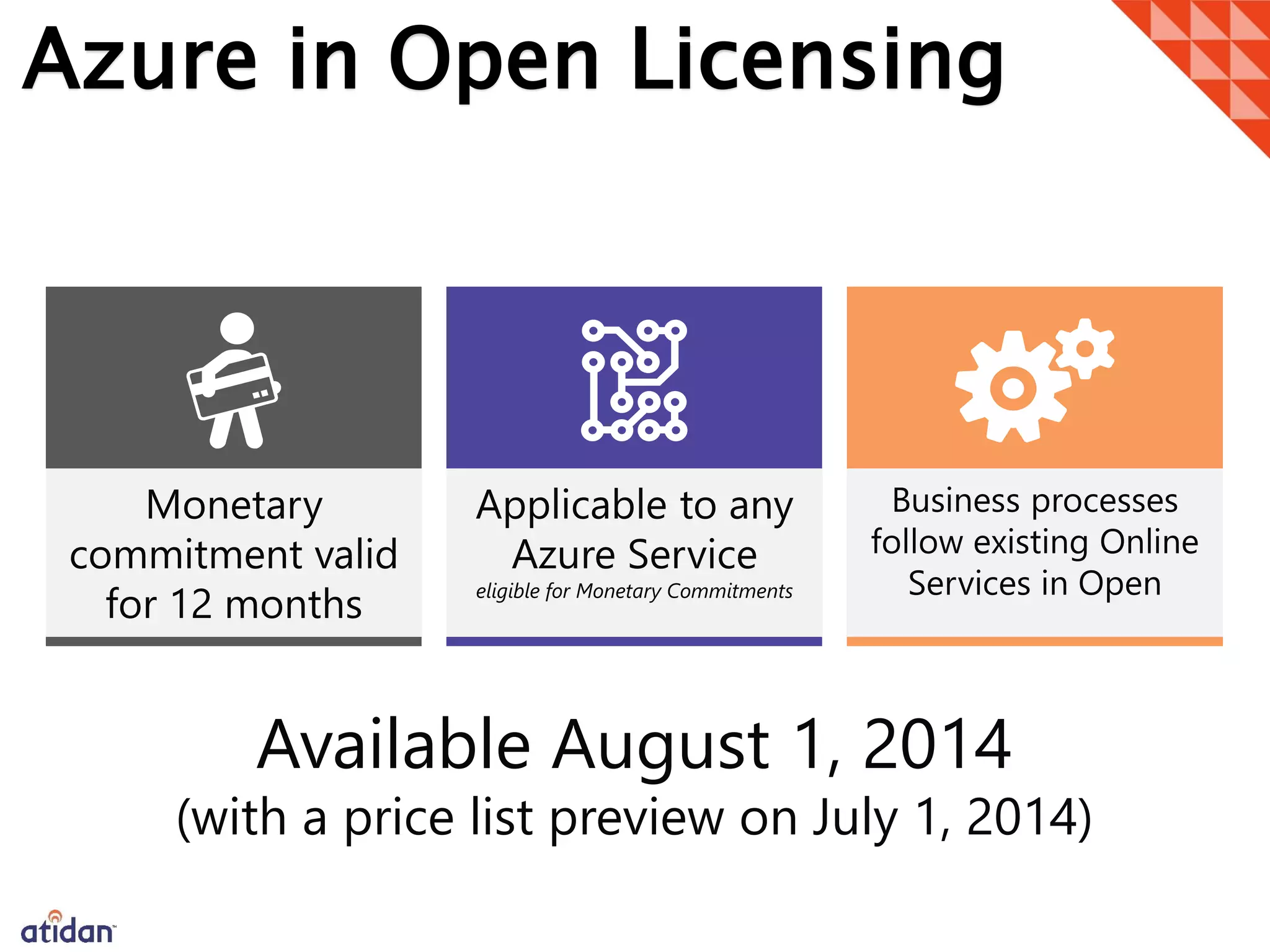 Azure in Open Licensing
Monetary
commitment valid
for 12 months
Applicable to any
Azure Service
eligible for Monetary Commitments
Business processes
follow existing Online
Services in Open
Available August 1, 2014
(with a price list preview on July 1, 2014)
 