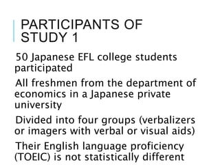 PARTICIPANTS OF
STUDY 1
50 Japanese EFL college students
participated
All freshmen from the department of
economics in a Japanese private
university
Divided into four groups (verbalizers
or imagers with verbal or visual aids)
Their English language proficiency
(TOEIC) is not statistically different
 