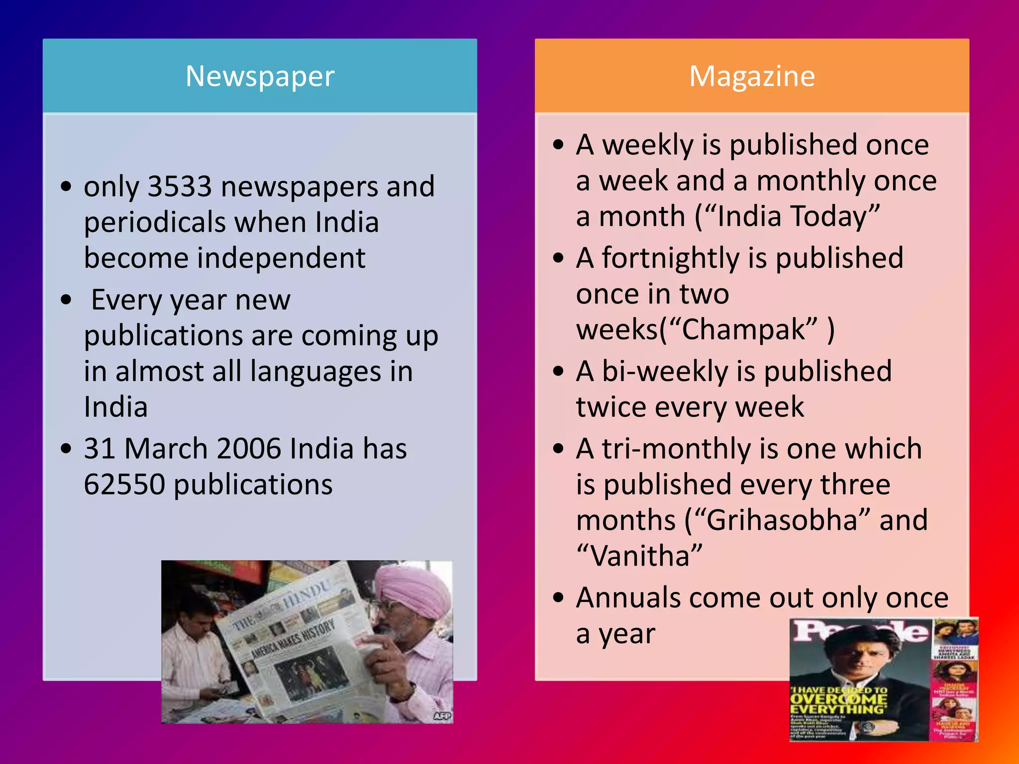 Newspaper                      Magazine

                               • A weekly is published once
• only 3533 newspapers and       a week and a monthly once
  periodicals when India         a month (“India Today”
  become independent           • A fortnightly is published
• Every year new                 once in two
  publications are coming up     weeks(“Champak” )
  in almost all languages in   • A bi-weekly is published
  India                          twice every week
• 31 March 2006 India has      • A tri-monthly is one which
  62550 publications             is published every three
                                 months (“Grihasobha” and
                                 “Vanitha”
                               • Annuals come out only once
                                 a year
 