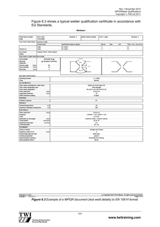 Rev 1 November 2010
WPS/Welder Qualifications
Copyright  TWI Ltd 2011
www.twitraining.com
6-9
Figure 6.3 shows a typical welder qualification certificate in accordance with
EU Standards.
Figure 6.3 Example of a WPQR document (test weld details) to EN 15614 format
 