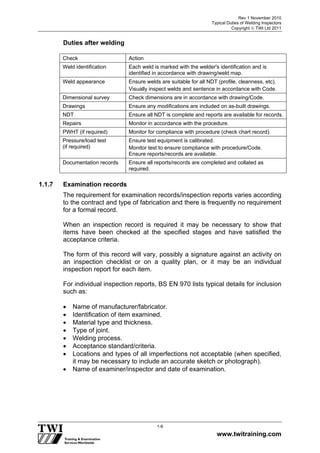 Rev 1 November 2010
Typical Duties of Welding Inspectors
Copyright  TWI Ltd 2011
www.twitraining.com
1-6
Duties after welding
Check Action
Weld identification Each weld is marked with the welder's identification and is
identified in accordance with drawing/weld map.
Weld appearance Ensure welds are suitable for all NDT (profile, cleanness, etc).
Visually inspect welds and sentence in accordance with Code.
Dimensional survey Check dimensions are in accordance with drawing/Code.
Drawings Ensure any modifications are included on as-built drawings.
NDT Ensure all NDT is complete and reports are available for records.
Repairs Monitor in accordance with the procedure.
PWHT (if required) Monitor for compliance with procedure (check chart record).
Pressure/load test
(if required)
Ensure test equipment is calibrated.
Monitor test to ensure compliance with procedure/Code.
Ensure reports/records are available.
Documentation records Ensure all reports/records are completed and collated as
required.
1.1.7 Examination records
The requirement for examination records/inspection reports varies according
to the contract and type of fabrication and there is frequently no requirement
for a formal record.
When an inspection record is required it may be necessary to show that
items have been checked at the specified stages and have satisfied the
acceptance criteria.
The form of this record will vary, possibly a signature against an activity on
an inspection checklist or on a quality plan, or it may be an individual
inspection report for each item.
For individual inspection reports, BS EN 970 lists typical details for inclusion
such as:
 Name of manufacturer/fabricator.
 Identification of item examined.
 Material type and thickness.
 Type of joint.
 Welding process.
 Acceptance standard/criteria.
 Locations and types of all imperfections not acceptable (when specified,
it may be necessary to include an accurate sketch or photograph).
 Name of examiner/inspector and date of examination.
 