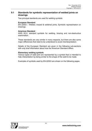 Rev 1 November 2010
Welding Symbols
Copyright  TWI Ltd 2011
www.twitraining.com
9-2
9.1 Standards for symbolic representation of welded joints on
drawings
Two principal standards are used for welding symbols:
European Standard
EN 22553 – Welded, brazed & soldered joints, Symbolic representation on
drawings.
American Standard
AWS A2.4, standard symbols for welding, brazing and non-destructive
examination.
These standards are very similar in many respects, but there are also some
major differences that need to be understood to avoid misinterpretation.
Details of the European Standard are given in the following sub-sections
with only brief information about how the American Standard differs.
Elementary welding symbols
Various types of weld joint are represented by a symbol that is intended to
help interpretation by being similar to the shape of the weld to be made.
Examples of symbols used by EN 22553 are shown on the following pages.
 