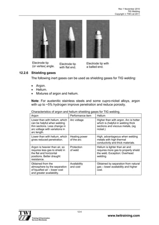 Rev 1 November 2010
TIG Welding
Copyright  TWI Ltd 2011
www.twitraining.com
12-4
12.2.6 Shielding gases
The following inert gases can be used as shielding gases for TIG welding:
 Argon.
 Helium.
 Mixtures of argon and helium.
Note: For austenitic stainless steels and some cupro-nickel alloys, argon
with up to ~5% hydrogen improve penetration and reduce porosity.
Characteristics of argon and helium shielding gases for TIG welding.
Argon Performance item Helium
Lower than with helium, which
can be helpful when welding
thin sections. Less change in
arc voltage with variations in
arc length.
Arc voltage Higher than with argon. Arc is hotter
which is (helpful in welding thick
sections and viscous metals, (eg
nickel.)
Lower than with helium, which
gives reduced penetration.
Heating power
of the arc
High, advantageous when welding
metals with high thermal
conductivity and thick materials.
Argon is heavier than air, so
requires less gas to shield in
the flat and horizontal
positions. Better draught
resistance.
Protection
of weld
Helium is lighter than air and
requires more gas to properly shield
the weld. Exception: Overhead
welding.
Obtained from the
atmosphere by the separation
of liquefied air – lower cost
and greater availability.
Availability
and cost
Obtained by separation from natural
gas – lower availability and higher
cost.
Electrode tip
(or vertex( angle.
Electrode tip
with flat end.
Electrode tip with
a balled end.
 