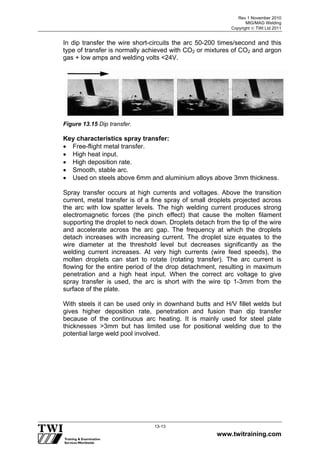 Rev 1 November 2010
MIG/MAG Welding
Copyright  TWI Ltd 2011
www.twitraining.com
13-13
In dip transfer the wire short-circuits the arc 50-200 times/second and this
type of transfer is normally achieved with CO2 or mixtures of CO2 and argon
gas + low amps and welding volts <24V.
Figure 13.15 Dip transfer.
Key characteristics spray transfer:
 Free-flight metal transfer.
 High heat input.
 High deposition rate.
 Smooth, stable arc.
 Used on steels above 6mm and aluminium alloys above 3mm thickness.
Spray transfer occurs at high currents and voltages. Above the transition
current, metal transfer is of a fine spray of small droplets projected across
the arc with low spatter levels. The high welding current produces strong
electromagnetic forces (the pinch effect) that cause the molten filament
supporting the droplet to neck down. Droplets detach from the tip of the wire
and accelerate across the arc gap. The frequency at which the droplets
detach increases with increasing current. The droplet size equates to the
wire diameter at the threshold level but decreases significantly as the
welding current increases. At very high currents (wire feed speeds), the
molten droplets can start to rotate (rotating transfer). The arc current is
flowing for the entire period of the drop detachment, resulting in maximum
penetration and a high heat input. When the correct arc voltage to give
spray transfer is used, the arc is short with the wire tip 1-3mm from the
surface of the plate.
With steels it can be used only in downhand butts and H/V fillet welds but
gives higher deposition rate, penetration and fusion than dip transfer
because of the continuous arc heating. It is mainly used for steel plate
thicknesses >3mm but has limited use for positional welding due to the
potential large weld pool involved.
 