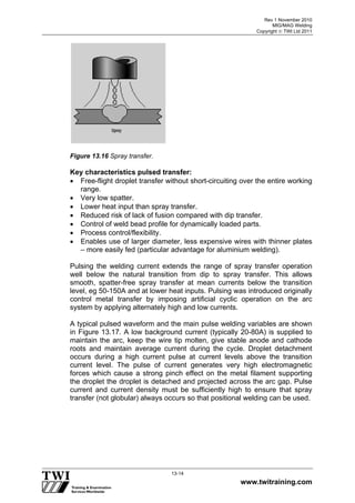 Rev 1 November 2010
MIG/MAG Welding
Copyright  TWI Ltd 2011
www.twitraining.com
13-14
Figure 13.16 Spray transfer.
Key characteristics pulsed transfer:
 Free-flight droplet transfer without short-circuiting over the entire working
range.
 Very low spatter.
 Lower heat input than spray transfer.
 Reduced risk of lack of fusion compared with dip transfer.
 Control of weld bead profile for dynamically loaded parts.
 Process control/flexibility.
 Enables use of larger diameter, less expensive wires with thinner plates
– more easily fed (particular advantage for aluminium welding).
Pulsing the welding current extends the range of spray transfer operation
well below the natural transition from dip to spray transfer. This allows
smooth, spatter-free spray transfer at mean currents below the transition
level, eg 50-150A and at lower heat inputs. Pulsing was introduced originally
control metal transfer by imposing artificial cyclic operation on the arc
system by applying alternately high and low currents.
A typical pulsed waveform and the main pulse welding variables are shown
in Figure 13.17. A low background current (typically 20-80A) is supplied to
maintain the arc, keep the wire tip molten, give stable anode and cathode
roots and maintain average current during the cycle. Droplet detachment
occurs during a high current pulse at current levels above the transition
current level. The pulse of current generates very high electromagnetic
forces which cause a strong pinch effect on the metal filament supporting
the droplet the droplet is detached and projected across the arc gap. Pulse
current and current density must be sufficiently high to ensure that spray
transfer (not globular) always occurs so that positional welding can be used.
 
