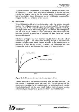 Rev 1 November 2010
MIG/MAG Welding
Copyright  TWI Ltd 2011
www.twitraining.com
13-16
To further minimise spatter levels, it is common to operate with a very short
arc length and in some cases a buried arc technique is adopted. Globular
transfer can only be used in the flat position and is often associated with
lack of penetration, fusion defects and uneven weld beads, because of the
irregular transfer and tendency for arc wander.
13.2.9 Inductance
When MIG/MAG welding in the dip transfer mode, the welding electrode
touches the weld pool, causing a short-circuit, during which the arc voltage
is nearly zero. If the constant voltage power supply responded instantly,
very high current would immediately begin to flow through the welding circuit
and the rapid rise in current to a high value would melt the short-circuited
electrode free with explosive force, dispelling the weld metal and causing
considerable spatter.
Inductance is the property in an electrical circuit that slows down the rate of
current rise (Figure 13.18). The current travelling through an inductance coil
creates a magnetic field which creates a current in the welding circuit in
opposition to the welding current. Increasing the inductance will also
increase the arc time and decrease the frequency of short-circuiting.
Figure 13.18 Relationship between inductance and current rise.
There is an optimum value of inductance for each electrode feed rate,. Too
little results in excessive spatter too much, and current will not rise fast
enough and the molten tip of the electrode is not heated sufficiently causing
the electrode to stub into the base metal. Modern electronic power sources
automatically set inductance to give a smooth arc and metal transfer.
Current
 