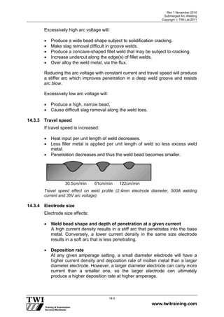 Rev 1 November 2010
Submerged Arc Welding
Copyright  TWI Ltd 2011
www.twitraining.com
14-5
Excessively high arc voltage will:
 Produce a wide bead shape subject to solidification cracking.
 Make slag removal difficult in groove welds.
 Produce a concave-shaped fillet weld that may be subject to cracking.
 Increase undercut along the edge(s) of fillet welds.
 Over alloy the weld metal, via the flux.
Reducing the arc voltage with constant current and travel speed will produce
a stiffer arc which improves penetration in a deep weld groove and resists
arc blow.
Excessively low arc voltage will:
 Produce a high, narrow bead.
 Cause difficult slag removal along the weld toes.
14.3.3 Travel speed
If travel speed is increased:
 Heat input per unit length of weld decreases.
 Less filler metal is applied per unit length of weld so less excess weld
metal.
 Penetration decreases and thus the weld bead becomes smaller.
Travel speed effect on weld profile (2.4mm electrode diameter, 500A welding
current and 35V arc voltage).
14.3.4 Electrode size
Electrode size affects:
 Weld bead shape and depth of penetration at a given current
A high current density results in a stiff arc that penetrates into the base
metal. Conversely, a lower current density in the same size electrode
results in a soft arc that is less penetrating.
 Deposition rate
At any given amperage setting, a small diameter electrode will have a
higher current density and deposition rate of molten metal than a larger
diameter electrode. However, a larger diameter electrode can carry more
current than a smaller one, so the larger electrode can ultimately
produce a higher deposition rate at higher amperage.
30.5cm/min 61cm/min 122cm/min
 